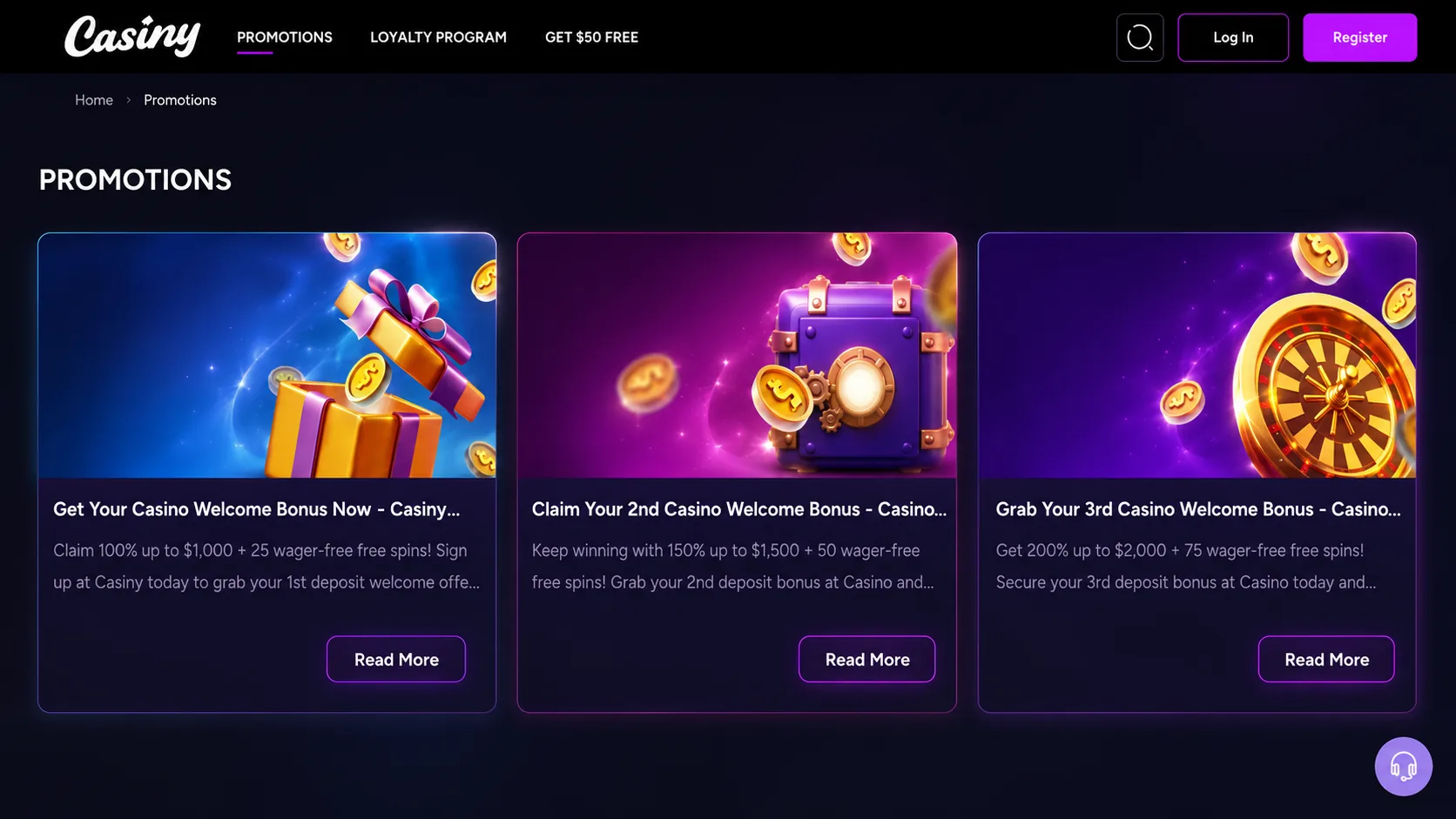 Casiny Casino Australia bonus dashboard with active reward cards